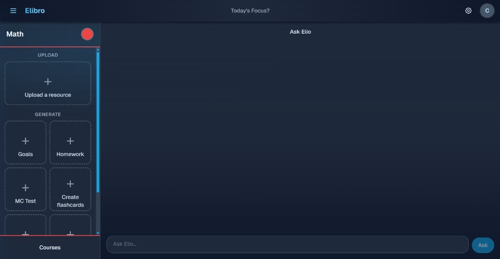 Elibro dashboard: course sidebar with upload and generate actions, and Ask Elio workspace